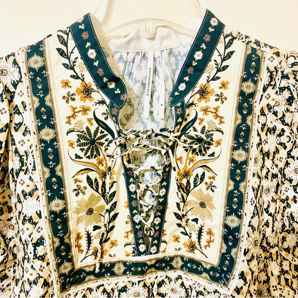 Anthropologie Pleated Puff-Sleeve Blouse Boho Peasant Top - Size Medium - Picture 4 of 16